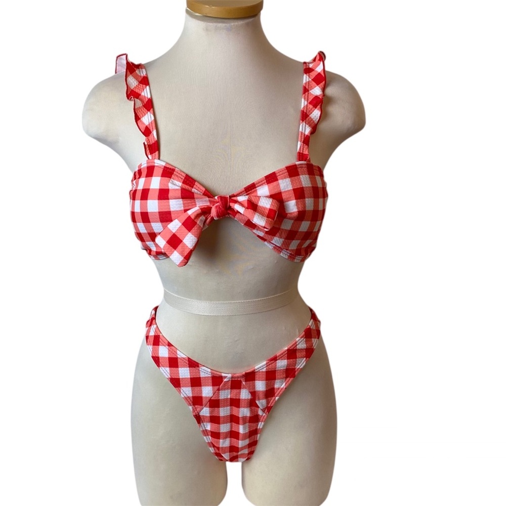 Zahara 2-Piece Checker Pattern Bikini Set Orange Red Womens S NWOT